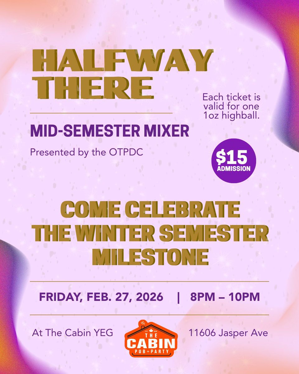 The finish line is finally in sight!🥂

The OTPDC is taking over The Cabin to celebrate the ultimate winter semester milestone. 

Each ticket is valid for one 1oz highball.

See you on Jasper Ave! 🪩🍻

#OTPDC #TheCabinYEG #EdmontonEvents #JasperAve #YEGStudentLife