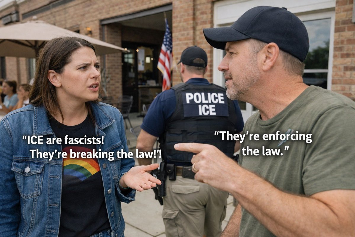RandySchrum's tweet photo. Liberal: ICE agents are fascists. They’re breaking the law and targeting people.

Conservative: Breaking what law? They’re enforcing immigration statutes passed by Congress.

Liberal: Just because something is “law” doesn’t make it right.

Conservative: Fair. But disagreement with a law doesn’t make enforcement illegal. That’s how a republic functions — laws are debated, passed, and executed.

Liberal: People have a right to protest unjust policies.

Conservative: Absolutely. The Constitution protects the right to peaceably assemble.

Liberal: So you’re saying protests shouldn’t happen?

Conservative: Not at all. Protest. Speak. Organize. Vote. Lobby for reform. That’s civic engagement.

Liberal: But people are angry. Families are being affected.

Conservative: Anger doesn’t rewrite the First Amendment. Since when did “peaceably assemble” mean assaulting officers, vandalizing property, blocking highways, or physically impeding lawful enforcement?

Liberal: Civil disobedience has always been part of change.

Conservative: Yes — and historically, civil disobedience accepted legal consequences. That’s different from claiming enforcement itself is fascism.

Liberal: It feels authoritarian.

Conservative: Authoritarian is when laws are ignored or enforced selectively based on political pressure. Agents executing lawful orders under statutory authority isn’t tyranny — it’s governance.

Liberal: So you think everything ICE does is beyond criticism?

Conservative: Not at all. Scrutinize conduct. Hold individuals accountable for misconduct. Change bad laws through legislation.

But calling every officer a criminal for enforcing existing statutes? That’s intellectual shortcutting.

Liberal: So what’s the line?

Conservative: Debate policy. Advocate reform. Peacefully assemble.

But once violence, obstruction, or intimidation enters the picture, you’re no longer defending liberty — you’re eroding the rule of law that protects everyone.

Liberal: So your position is law and order above all?

Conservative: My position is simple:

If you want different laws, change them.

But until they’re changed, enforcing them isn’t fascism. It’s how a constitutional republic works.
