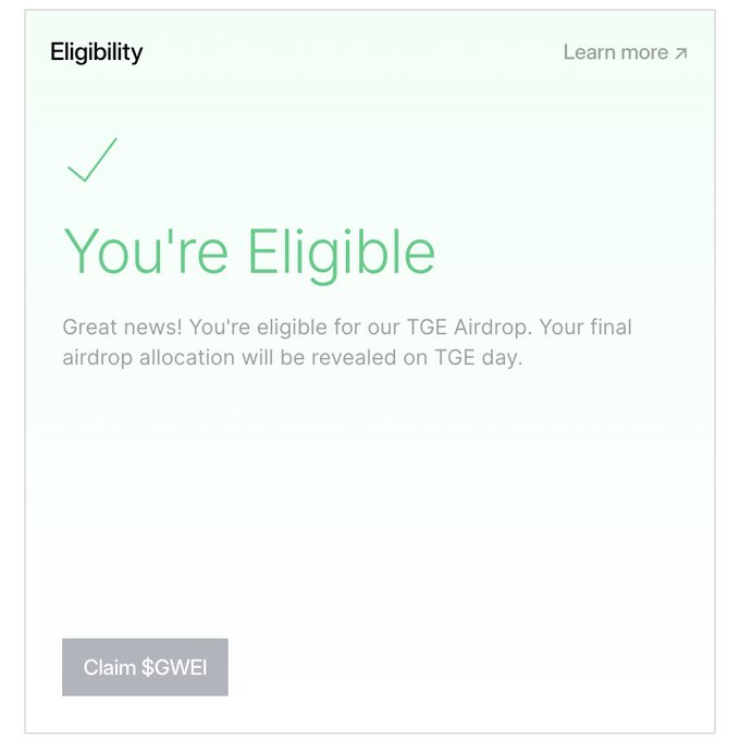 remember shelling out $200 for a swap back in 2021?  

yep, $GWEI hasn’t forgotten either  

eth-gasfoundation.live/token  

Airdrop is LIVE right now  

Your proof of pain on ETH mainnet = your allocation  

Eligible:  
→ Gas ID threshold met  
→ Shared Gas ID on X  
→ Open Gas