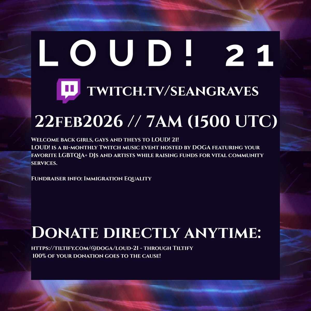 SUNDAY.WE.GO.LOUD.🔊
Catch my live set for LOUD! 21 this weekend on Twitch! Don’t miss the energy as we keep the raid train moving all day long.

📆Feb 22
📺 twitch.tv/seangraves

RT to spread the word! 🔁
#Loud21 #TwitchDJ #RaidTrain #ElectronicMusic
