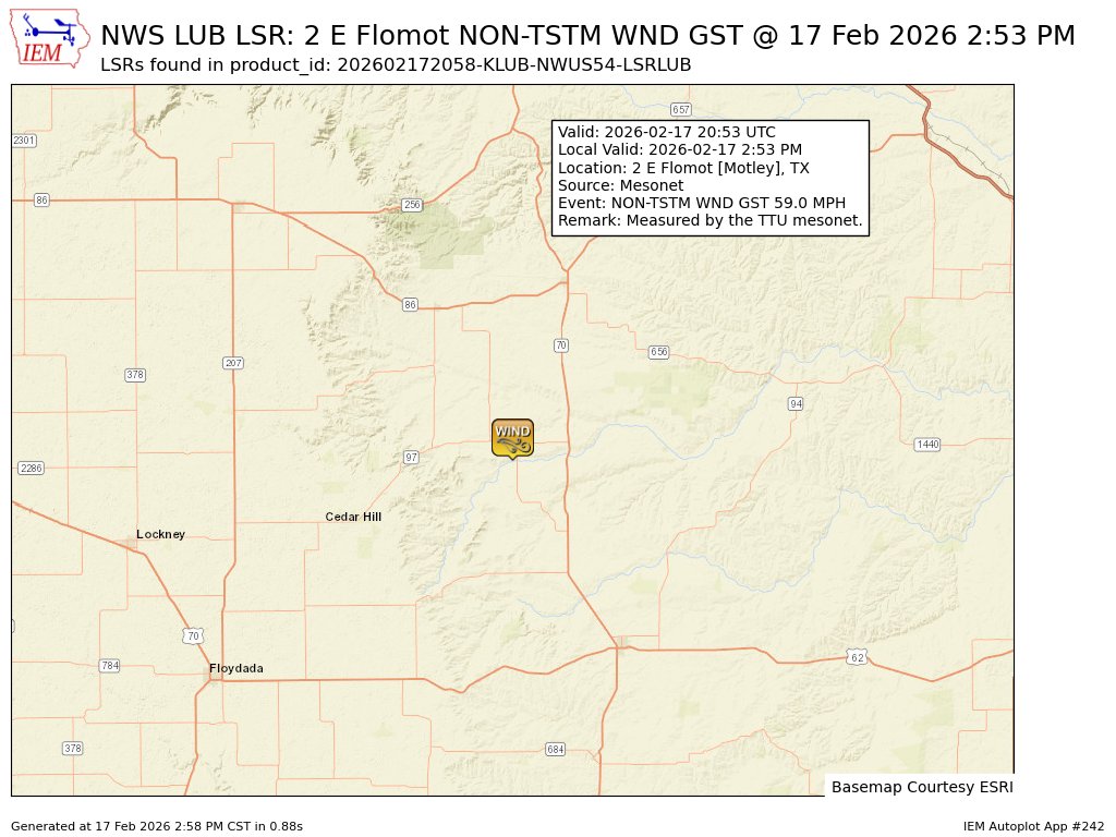 At 2:53 PM CST, 2 E Flomot [Motley Co, TX] Mesonet reports Non-Tstm Wnd Gst of M59 MPH. Measured by the TTU mesonet. #txwx mesonet.agron.iastate.edu/lsr/?by=wfo&wf…
