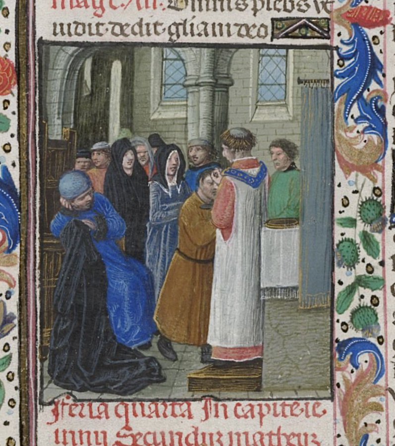 18th February 2026 is Ash Wednesday, and here is depicted the imposition of ashes during the Ash Wednesday liturgy.
#AshWednesday
BL Add MS 18851; 'The Breviary of Queen Isabella of Castile'; c. 1497 CE; Bruges; f.69v <a href="/BLMedieval/">Medieval Manuscripts</a>