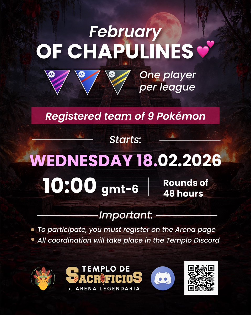 ❤️‍🔥 **¡UN TORNEO DE TRÍOS ES LO DE AHORA!** ❤️‍🔥

⚔️ **Formato del torneo:**
- 1 jugador por liga  
- Registro de **9 Pokémon**  
- **Fase de grupos** y **fase final**

🔗 **Registro aquí:**  
arenalegendaria.com/templo?torneo=…

**Discord**
discord.gg/7yZVhVgEBw

#PokemonGO #pvp #trainer