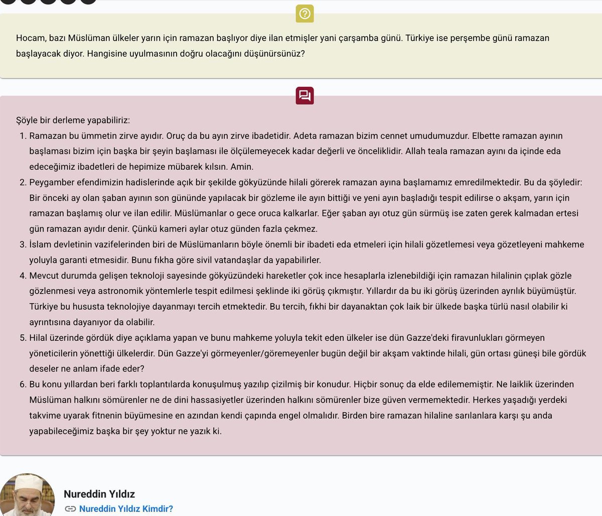 🔴 Nureddin Yıldız, ‘Ramazan günü’ ile ilgili soruyu cevapladı:

“Hilali gördük diye açıklama yapan ülkeler dün Gazze'deki firavunlukları görmeyen yöneticilerin yönettiği ülkelerdir. 

Dün Gazze'yi görmeyenler/göremeyenler bugün değil bir akşam vaktinde hilali, gün ortası güneşi