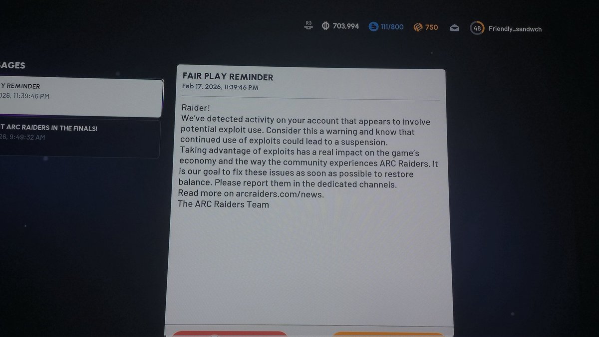 NF_887's tweet photo. @ARCRaidersGame Has anyone who hasn't used any glitches or exploits received this message? This is a brand new account for PvE only, and yet they've threatened to ban me. 😩 https://t.co/nwHtCVixzo