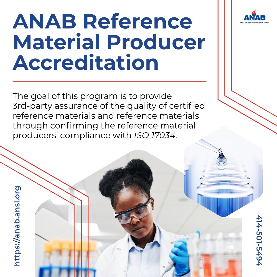 ansidotorg's tweet photo. The quality of certified reference materials and #ReferenceMaterials is confirmed through checking for compliance with ISO 17034. @ANAB_ACCREDIT can accredit reference material producers to a wide variety of materials used for critical and measurable properties. https://t.co/OJJoybd0M8