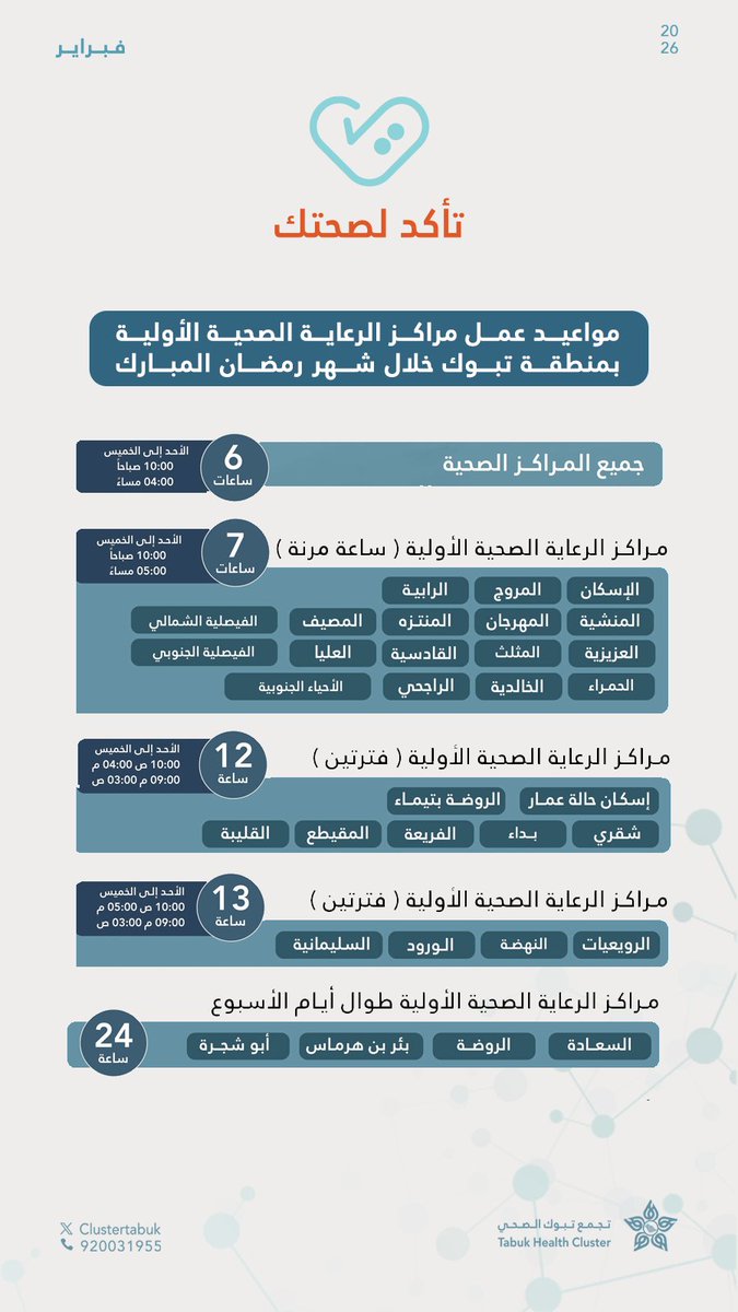 #إعلان | 📢

أوقات عمل مراكز الرعاية الصحية الأولية التابعة لتجمع تبوك الصحي خلال شهر #رمضان المبارك.

#تأكد_لصحتك
#تجمع_تبوك_الصحي