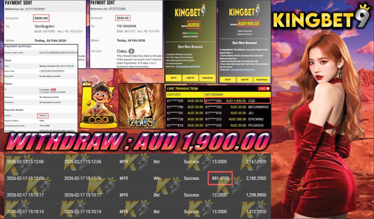 👑𝑪𝒐𝒏𝒈𝒓𝒂𝒕𝒖𝒍𝒂𝒕𝒊𝒐𝒏𝒔 𝑪𝒖𝒔𝒕𝒐𝒎𝒆𝒓 𝑾𝒊𝒕𝒉𝒅𝒓𝒂𝒘👑

⚡️Deposit -  AUD 50.00
☄️Withdraw Amount  - AUD 1,900.00
🔝Platform -  CQ9
🚨Game -  ZEUS 

ʟɪᴠᴇ ᴄʜᴀᴛ :KINGBET9.net/#chatroom👑Registerlink:kingbet9aus.com/RFK9TWITT