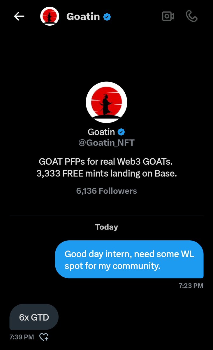 Have got 6 GTD spots for my friends. 

All you've got to do is:

follow <a href="/Goatin_NFT/">Goatin</a> x <a href="/HushOfLife/">HushOfLife</a> 
Like &amp; RT
Drop evm wallet

Minting 18th Feb, 3 PM UTC
Supply: 3333
Mint Price: FREE
Chain: BASE

Picking winners in the next 12 hours.

Goodluck