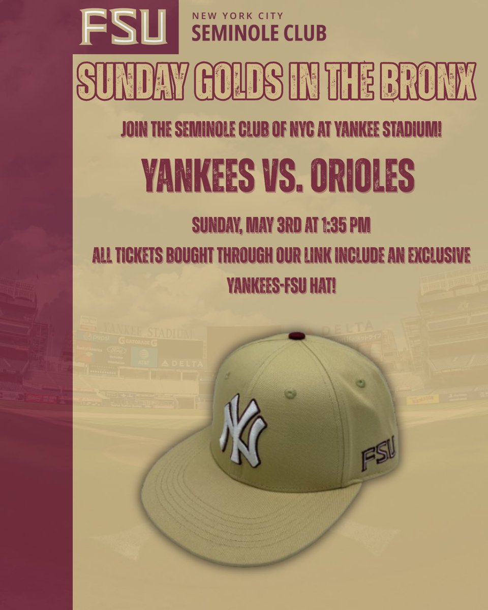 We are doing it again! This time for Sunday Golds! Don't miss out on getting this exclusive <a href="/Seminoles/">FSU Seminoles</a> x <a href="/Yankees/">New York Yankees</a> hat! Get your tickets today! 

gofevo.com/event/Floridas…

#NYCNoles #FSU #Noles #Yankees <a href="/SeminoleClubs/">Seminole Clubs</a> <a href="/FSUBaseball/">FSU Baseball</a> <a href="/FSUAlumni/">FSU Alumni Assoc.</a>