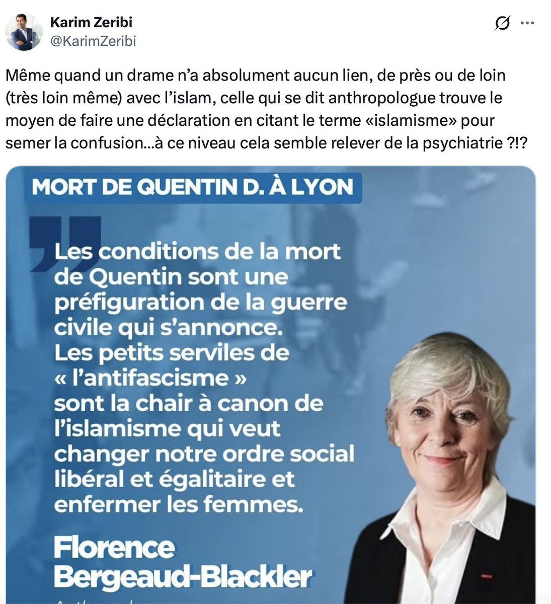 Monsieur <a href="/KarimZeribi/">Karim Zeribi</a> donner des leçons de rigueur intellectuelle supposerait un minimum de crédibilité.
Les faits sont têtus, les condamnations judiciaires aussi.
Insulter une chercheuse ne fera jamais disparaître la réalité de l’islamisme politique. 

Jean de La Fontaine, Le