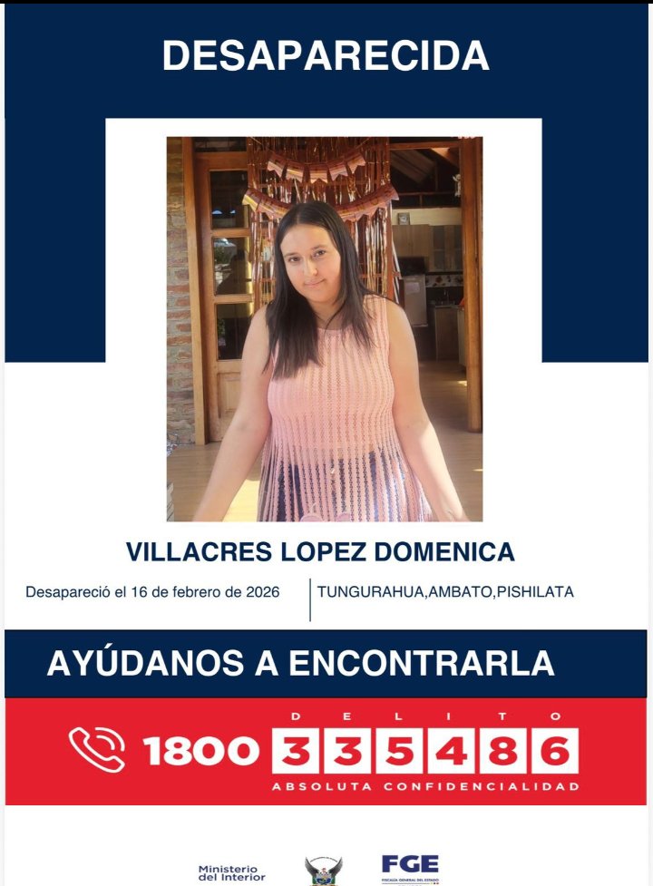 Esta jovencita salió a comprar y no regresó. Vive en Ambato y estamos muy angustiados.
Ayúdennos compartiendo y orando para que todo esté bien. Gracias amigos de X