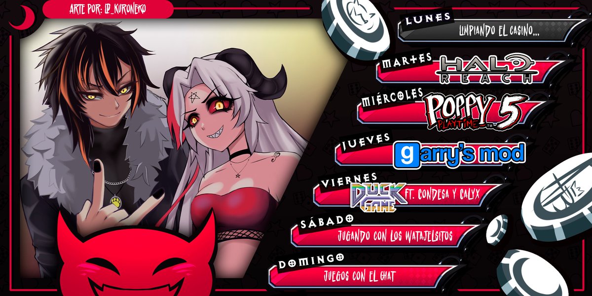 HORARIO SEMANAL! 🔥 continuamos la aventura, iniciamos una nueva, probamos un juego caótico y tenemos una collab con dos preciosuras! ❤️🔥 <a href="/CondesaVR/">Condesa 💋💖</a>  y <a href="/CalyxSeiran/">Calyx Seiran 🐲☁️</a> 🔥 

Art: @/lp_kuroneko 🔥