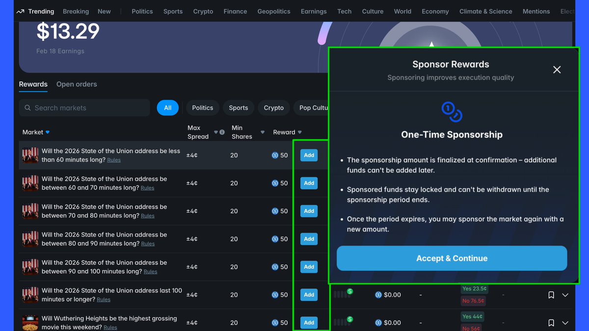 The New <a href="/Polymarket/">Polymarket</a> Feature! 

Just doing one last check on my account before I sleep, and I stumbled upon a new update: Sponsor Rewards

At first glance, you might think it's another way to farm $POLY rewards, but it’s actually more tactical than that. Here’s the alpha on this