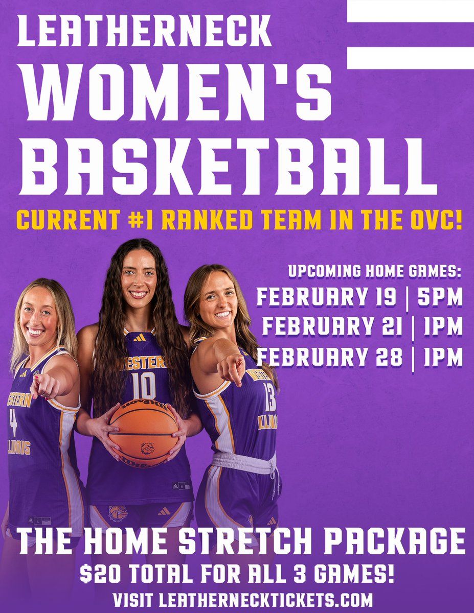 WIUAthletics's tweet image. Our Leatherneck Women’s Basketball team is in 1st place in the Ohio Valley Conference

Get the Home Stretch 3-Pack — $20 TOTAL for all three games (that’s one ticket to each of the final 3 home games!)

🔗 -tinyurl.com/5esxxahc

#GoNecks | #OneGoal