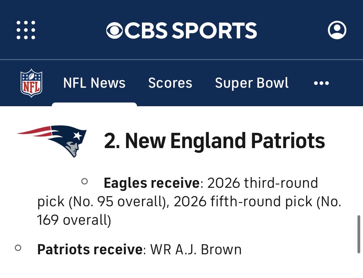CBS Sports mocked the #Patriots trading for AJ Brown in exchange for their 2026 3rd and 5th round picks.

I’m making that deal yesterday. I’ll pick him up from the airport myself 👀

cbssports.com/nfl/news/a-j-b…