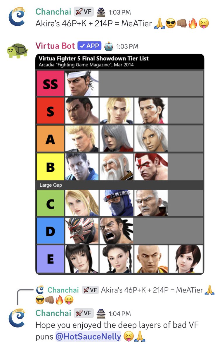 Taking advantage of the community VF Discord <a href="/vfdiscord/">TVF</a> using a bot that pulls up an ancient 2014 tier list every time “tier” is parsed anywhere… I made this awful pun…

#PlayMoreVF #PunLessVF