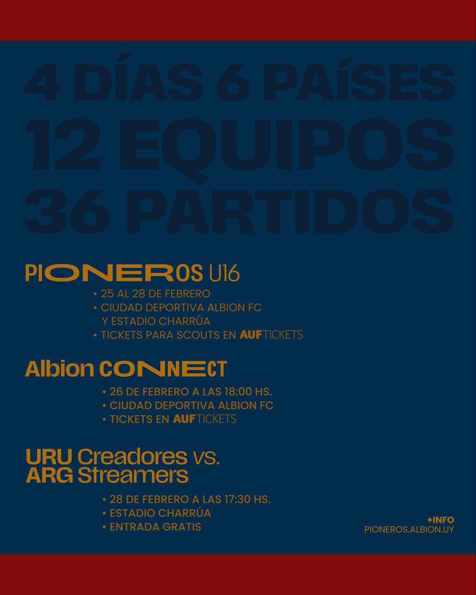 🔥𝗣𝗜𝗢𝗡𝗘𝗥𝗢𝗦 𝗨𝟭𝟲 3𝘦𝘳 𝘛𝘰𝘳𝘯𝘦𝘰 𝘐𝘯𝘵𝘦𝘳𝘯𝘢𝘤𝘪𝘰𝘯𝘢𝘭 ⚽

4 días, 6 países, 12 equipos y 36 partidos 🌍🏆

🗓️ Del 25 al 28 de febrero.

📹 TODOS los partidos en VIVO por el canal de YouTube de Albion.

📍 Ciudad Deportiva Albion FC y Estadio Charrúa.

🆓 Entrada