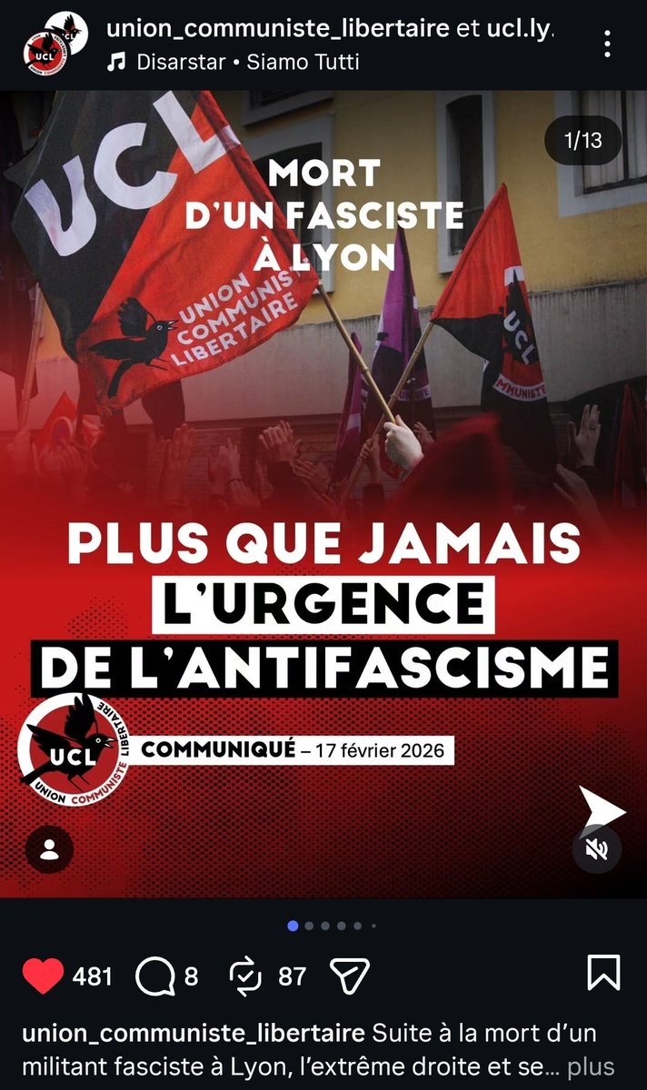 Une_Nanar's tweet photo. Le communiqué de l'UCL à la suite de la mort du militant fasciste à Lyon est sorti.

"Plus que jamais, nous avons besoin de faire bloc et de tenir la ligne.
Face aux fascistes, pas un pas en arrière."

https://t.co/TBKBoXDt92 https://t.co/8Hqd9bNn8I