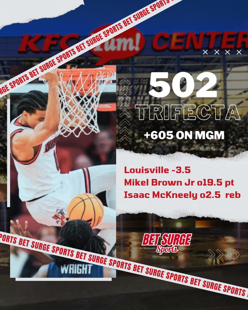 BetSurgeSports's tweet photo. 502 TRIFECTA 🏀

Louisville -3.5
Mikel Brown Jr o19.5 points
Isaac McKneely o2.5 rebounds
+605 on MGM
Big number. Big night.
Let’s cash it.
#BetSurgeSports #502Trifecta #LouisvilleBasketball #CBBPicks #SportsBetting https://t.co/A5klLAR8mt