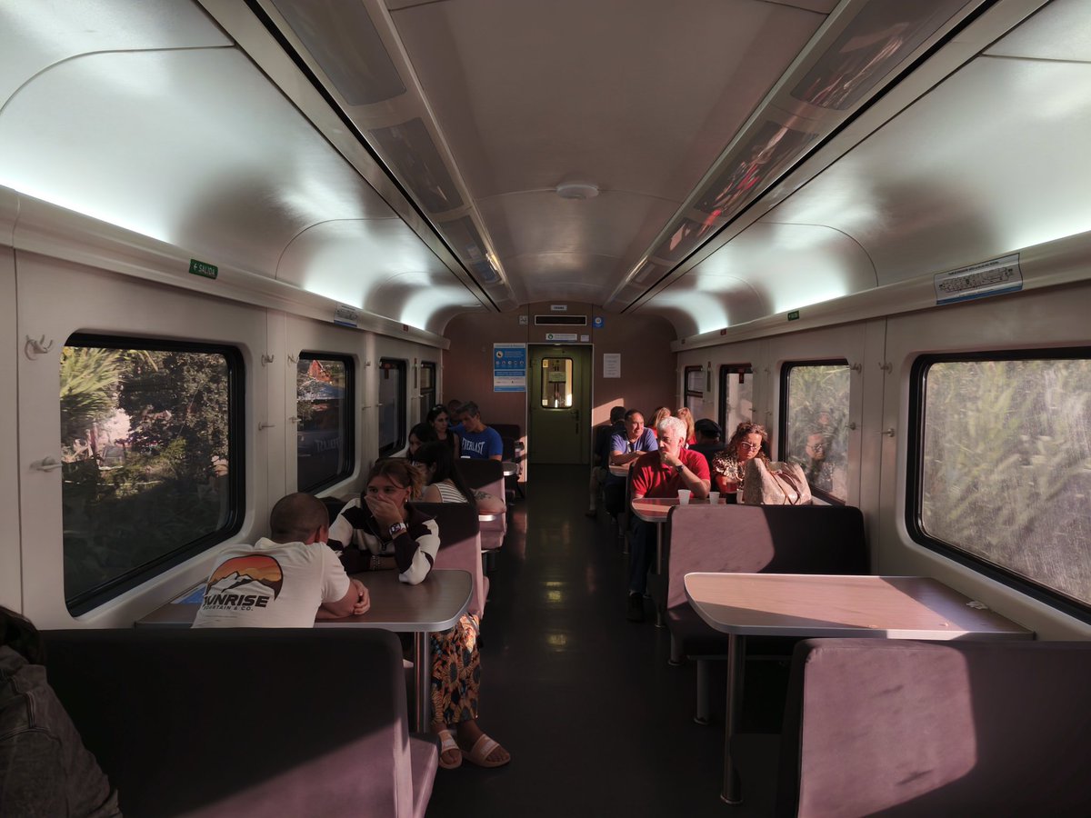 Por si ustedes necesitaban una vista del coche comedor del tren a Mar del Plata. No se puede tomar mate, no se puede jugar juegos, no tiene ya cortinas y no se vende casi nada que justifique usar las mesas, pero qué cosa hermosa que es viajar en un restaurante rodante.