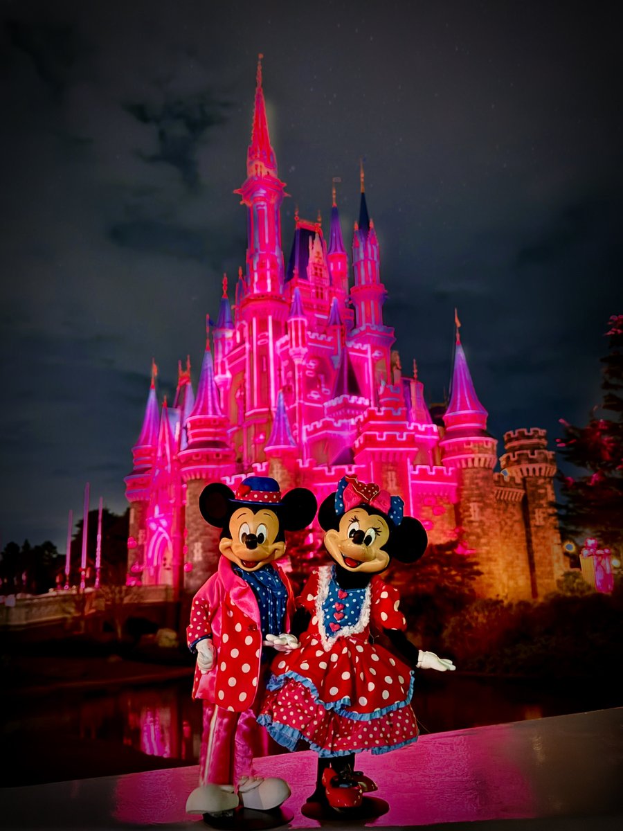 ミニー色に染まったシンデレラ城。 橋からだと音が聞きづらいけどこの