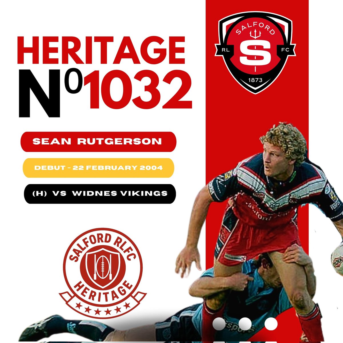 Salford RLFC Heritage player of the day 🙌🏻
What a workhorse this guy was. He ran his blood to water and would often take the most brutal hits and still get up to play the ball. 
'RUTCHO'
Sean Rutgerson
Forward 
Heritage N⁰1032
2004-2006

🔴 Apps 74 ⚪ Tries 5 

#salfordrlfc