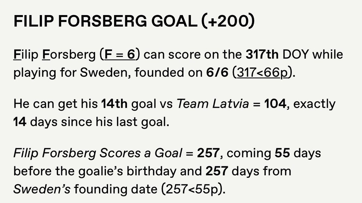#Gematria❤️‍🔥 bangs again ✅ 

Filip Forsberg Scores = 257 exactly 257 days from Sweden’s founding date 🇸🇪🔢

This play was posted before game time here ⬇️
 linktr.ee/signsnsymbols

#WinterOIympics