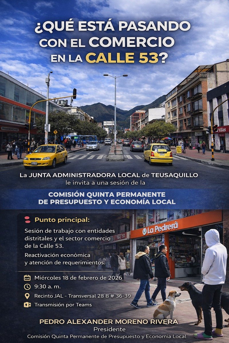 🟡 ¿Qué está pasando con el comercio en la Calle 53?
Desde la JAL Teusaquillo realizamos una sesión de trabajo con entidades distritales y el sector comercio para dialogar sobre reactivación económica y atención de requerimientos.
📅 18 de feb | 9:30 a. m.
#Teusaquillo #Calle53