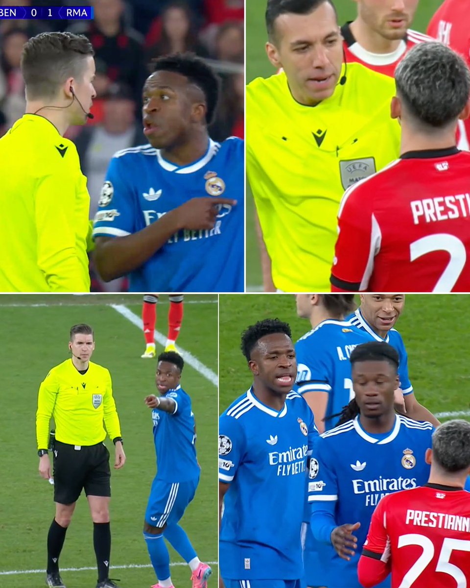 ESPNFC's tweet photo. Real Madrid vs. Benfica was paused after Vini Jr. told the ref that Benfica's Gianluca Prestianni allegedly called him a racial slur.
 
This was following Benfica players confronting Vini Jr. after celebrating his goal. https://t.co/h3BB5hlAzo