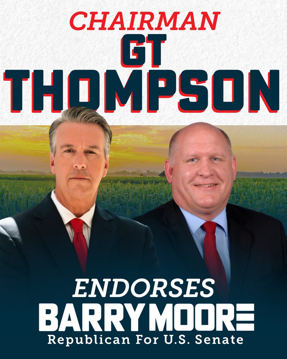 I’m proud to have earned House Agriculture Committee Chairman GT Thompson’s endorsement to be Alabama’s next U.S. Senator:

“Barry Moore is a proven conservative and a reliable champion for America’s farmers. He has defended agriculture in the House, pushed back against federal