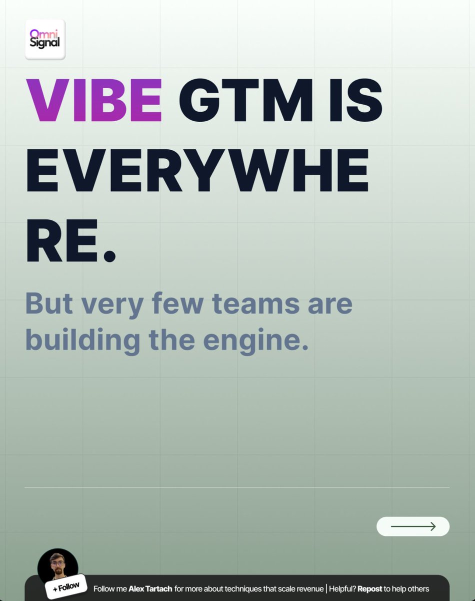 AlexOmniSignal's tweet photo. Everyone is talking about Vibe GTM
Energy-first growth
Founder-led storytelling
Raw momentum

It works.

But only if:
- ICP is sharp
- Signal is tracked

Otherwise vibe becomes noise

Vibe GTM is the surface layer
Architecture is the engine

Which one are you actually building? https://t.co/OLaYQ9Pkp7