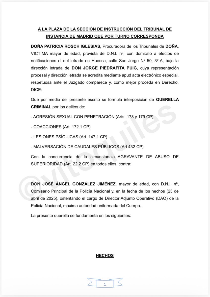 vitoquiles's tweet photo. #EXCLUSIVA | La querella criminal contra el jefe de la Policía Nacional, José Ángel González.

La víctima denunció el 9 de enero pero el Gobierno lo tapó. Se le acusa de “penetración, coacciones, lesiones psíquicas y malversación” https://t.co/BARWbgJsZz