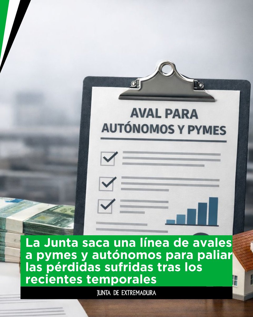 🆕🫰 La <a href="/Junta_Ex/">Junta de Extremadura</a> saca una línea de avales a pymes y autónomos para paliar las pérdidas sufridas tras los recientes temporales.

✅ Hasta 50.000 euros para facilitar liquidez a autónomos, pymes y empresas de toda la región.

👉 Más info | juntaex.es/w/20260217-la-…