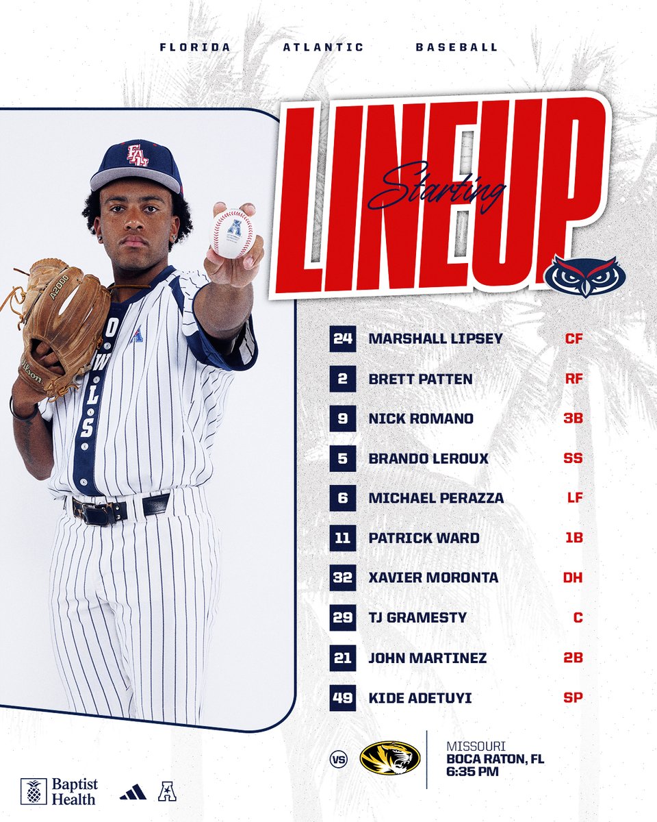 FAUBaseball's tweet photo. Tonight's @BaptistHealthSF starting lineup... 
⏰ 6:35 p.m.
🆚 Missouri
📺 https://t.co/aegrcGDQYW
📊 https://t.co/VzWCeHW2Dl https://t.co/mO9RGnKsGG