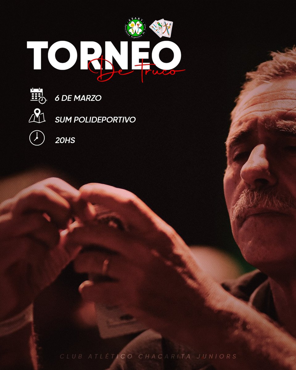 🃏🌍 MUNDIALITO DE TRUCO 🌍🃏

Te esperamos para vivir una noche a puro truco en el SUM Polideportivo 💥

🔹 Hasta 32 parejas
🔹 Formato: Zonas de 4 equipos (¡mínimo 3 partidas aseguradas!)
🔹 Se jugará bajo reglamento ASART (Asociación Argentina de Truco)
instagram.com/p/DU36r0CkbpQ/…