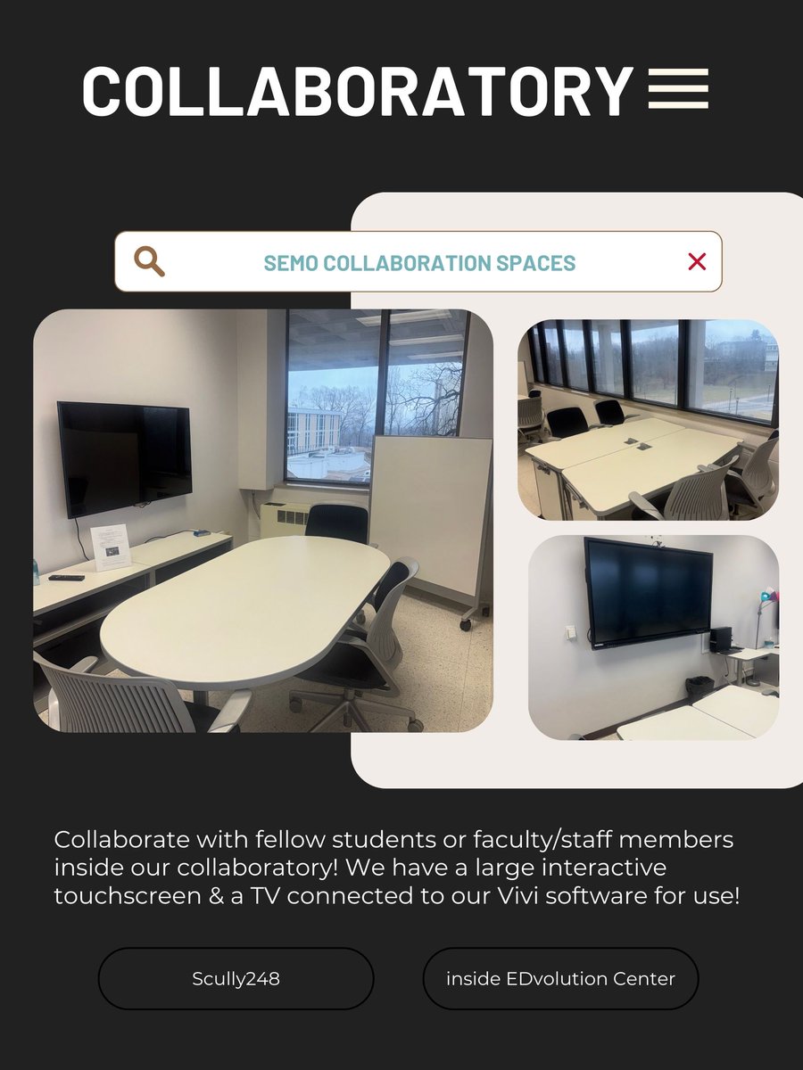 SEMO_EDvolution's tweet photo. Be sure to reserve this awesome space this semester inside The EDvolution Center!

*You can reserve a room through the EDvolution webpage! Click "Our Resources" then "Reserve a Room" https://t.co/cJoMIk0wDj
