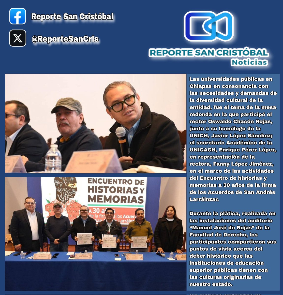 En el Encuentro de historias y memorias a 30 años de la firma de los Acuerdos de San Andrés Larráinzar, se realizó en SCLC la mesa redonda Las universidades públicas en Chiapas en consonancia con las necesidades y demandas de la diversidad cultural de la entidad.
<a href="/oswaldochacon76/">Oswaldo Chacón Rojas</a>