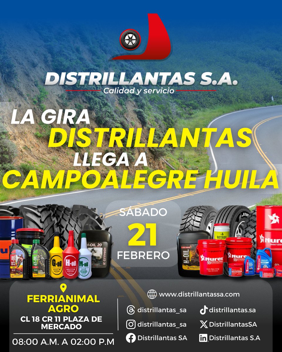 DistrillantasSA's tweet photo. ¡Atención Campoalegre! 📣 La Gira Distrillantas llega para brindarle lo mejor en calidad y servicio para su vehículo y maquinaria. 🚜🛞

Estaremos esperándolo para ofrecerle la asesoría experta que usted merece.

#distrillantas #campoalegrehuila #campocolombiano #huila https://t.co/xce2XNGJjC