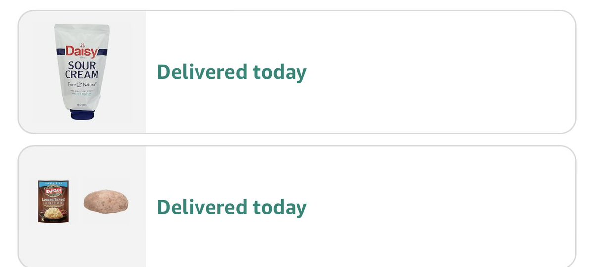 SpeedSportLife's tweet photo. Today I hit an all new personal low that I’m not proud of. I used Amazon to order a potato and sour cream because I want a baked potato tonight with the ribeye. It arrived in an hour. Sour cream was as cold as me going to the store. I bought a potato on Amazon. https://t.co/PddgWgSwga