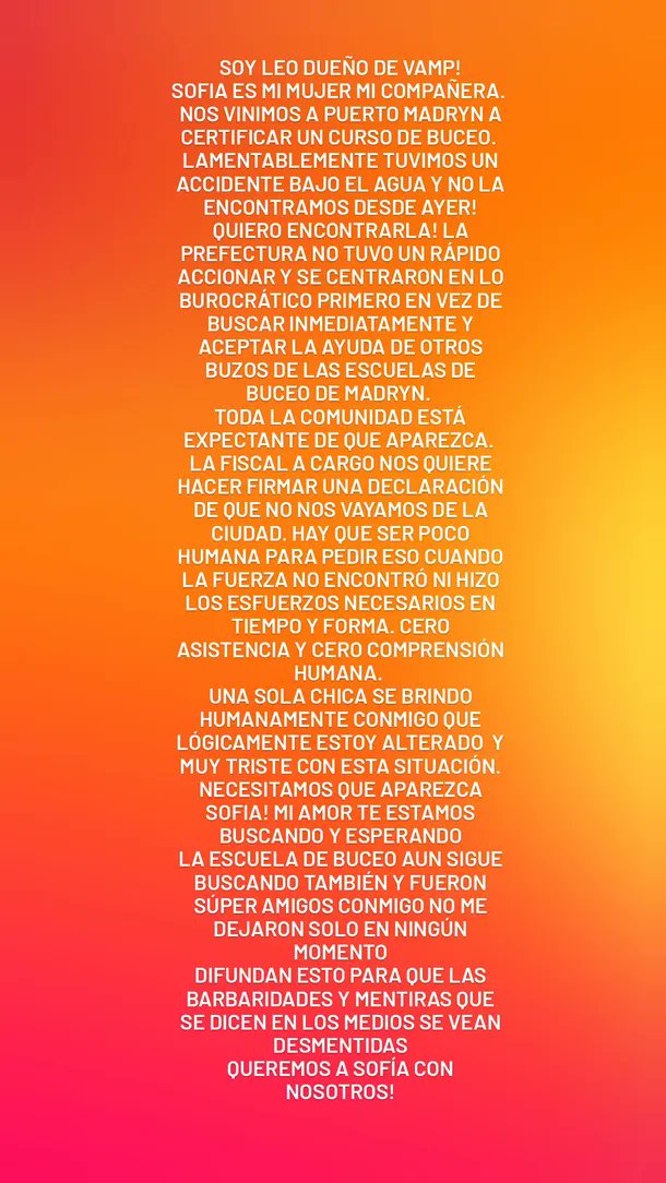 #Chubut 
#PuertoMadryn
Desesperada búsqueda de Sofía Devries en Golfo Nuevo. La joven de 23 años se sumergió en el mar en una certificación de buceo y nunca pudo salir.
A través de un posteo en las redes, Leonardo, su pareja, dio detalles acerca de lo ocurrido en la fallida