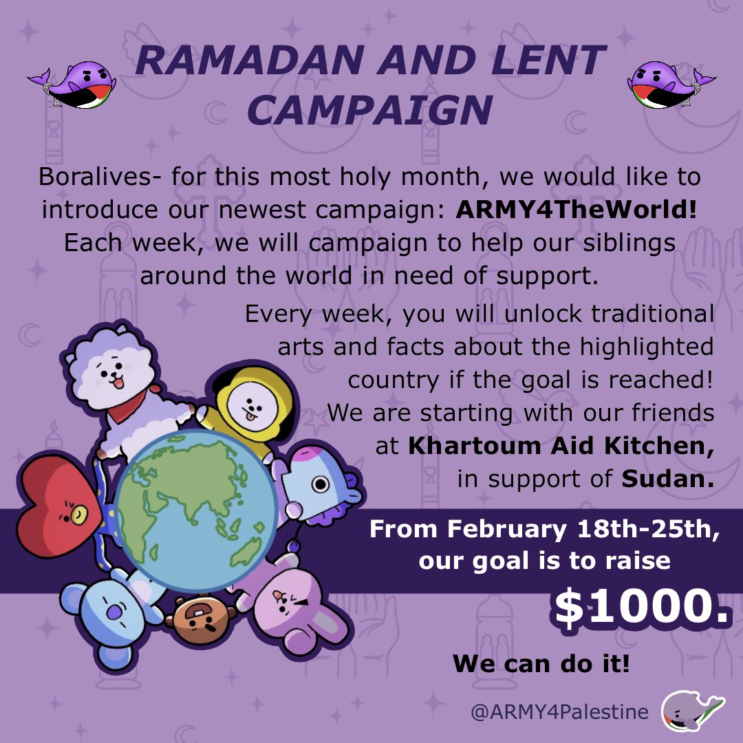 Team A4P wishes everyone a blessed Ramadan and Lent! To celebrate the special occasion of this year’s Ramadan and Lent starting at the same time, we are launching our special campaign: ARMY4TheWorld! Every week of this blessed month we will raise funds for our siblings in