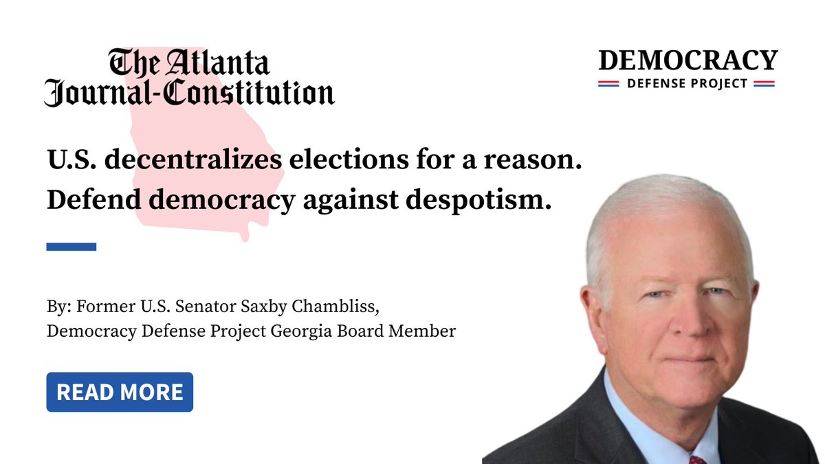 “‘Nationalized’ elections are once again a dangerous solution in search of a problem.”

DDP GA's <a href="/SaxbyChambliss/">Saxby Chambliss</a> calls <a href="/POTUS/">President Donald J. Trump</a>’ push to nationalize elections unconstitutional and explains why it's a threat to the decentralized system that safeguards our democracy.

Read: