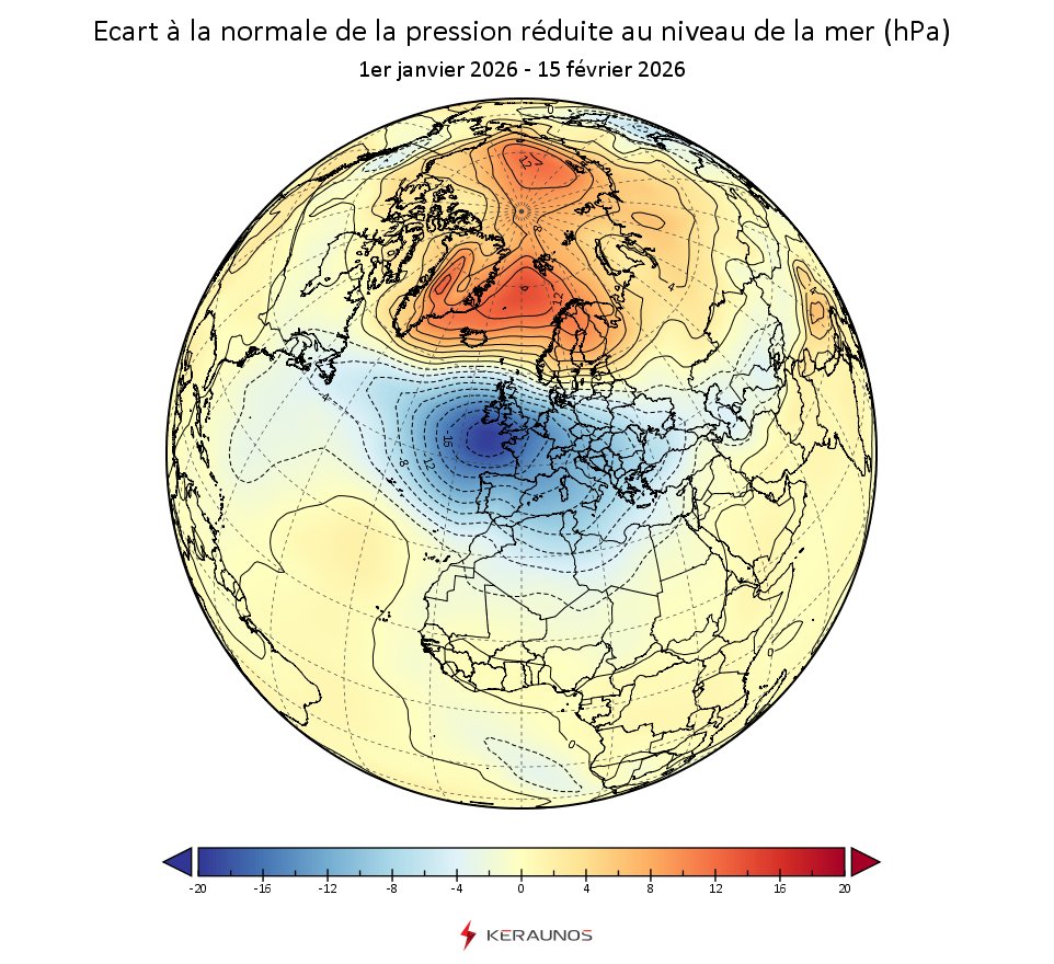 KeraunosObs's tweet photo. 🌧️C'est au large de la Bretagne que se situe depuis le 1er janvier la plus forte anomalie négative de pression observée sur la planète : écart à la normale de -19 hPa, une valeur remarquable pour une moyenne sur 45 jours. D'où le défilé ininterrompu de perturbations depuis le début de l'année sur la France.