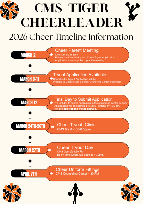 ChaconSgt's tweet photo. Do you think you've got what it takes to be a CMS Tiger Cheerleader for our upcoming school year?  If so, here are the tryout details. Good Luck and GO TIGERS! https://t.co/1Bd6cbactj