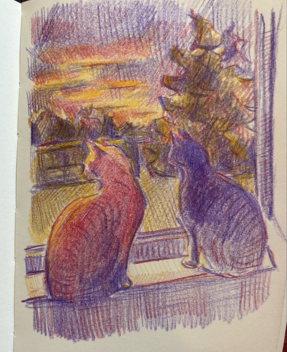 AlexLikesShows's tweet image. Cats watching  a sunset in colored pencil