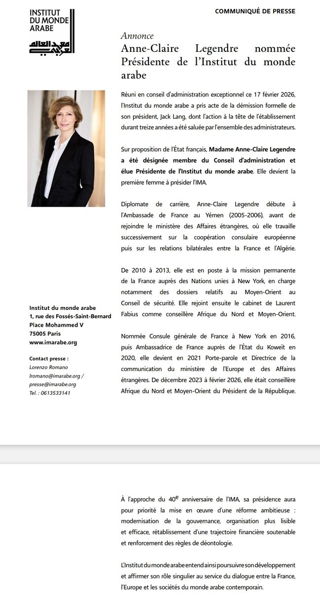 AmbaMarocFrance's tweet photo. Félicitations à @AClaireLegendre, nouvelle Présidente de l'Institut du Monde Arabe, l'@imarabe.
Jusqu'à aujourd'hui conseillère du Président @EmmanuelMacron pour le #Maghreb et le #Moyen‑Orient, Anne‑Claire Legendre est la première femme à prendre les rênes de l'institut qui célébrera en 2027 ses 40 ans de rayonnement culturel. #Maroc #Culture