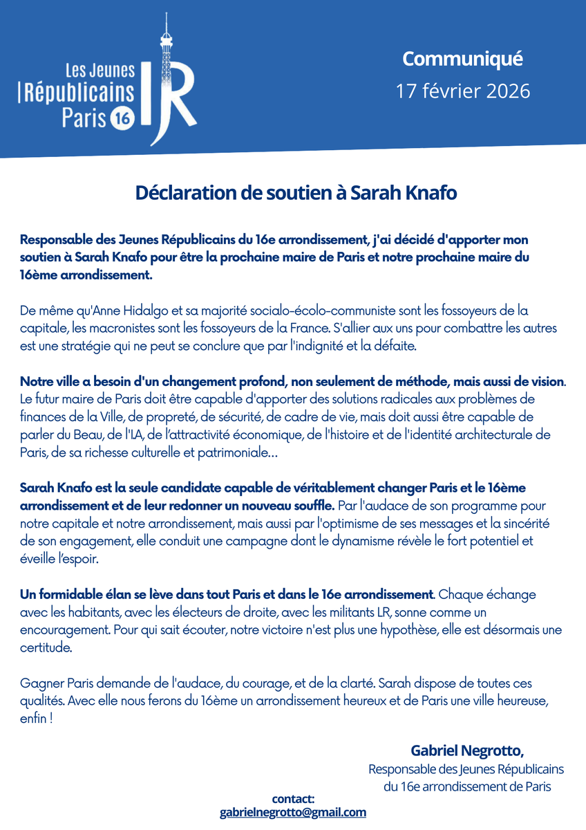 SirenesFR's tweet photo. 🔴 FLASH | Gabriel Negrotto, responsable des Jeunes Républicains du 16eme arrondissement apporte son soutien à Sarah Knafo plutôt qu'à la macroniste Rachida Dati, devenue une «traître de droite». https://t.co/jRaj4DhSGx