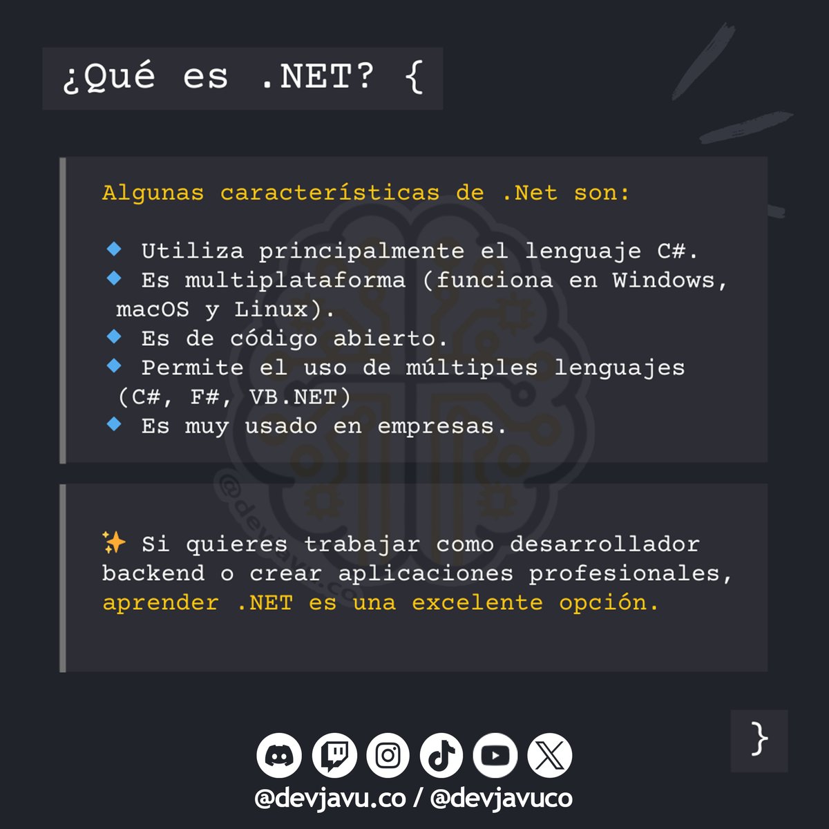 devjavuco's tweet photo. .Net es una plataforma para crear apps web, móviles, de escritorio y en la nube usando principalmente C# 💻

Es rápida, segura, multiplataforma y muy usada en empresas.

Si estás empezando en programación o quieres dar el salto al desarrollo profesional, .NET es una gran opción🔥 https://t.co/LQvk7aURof