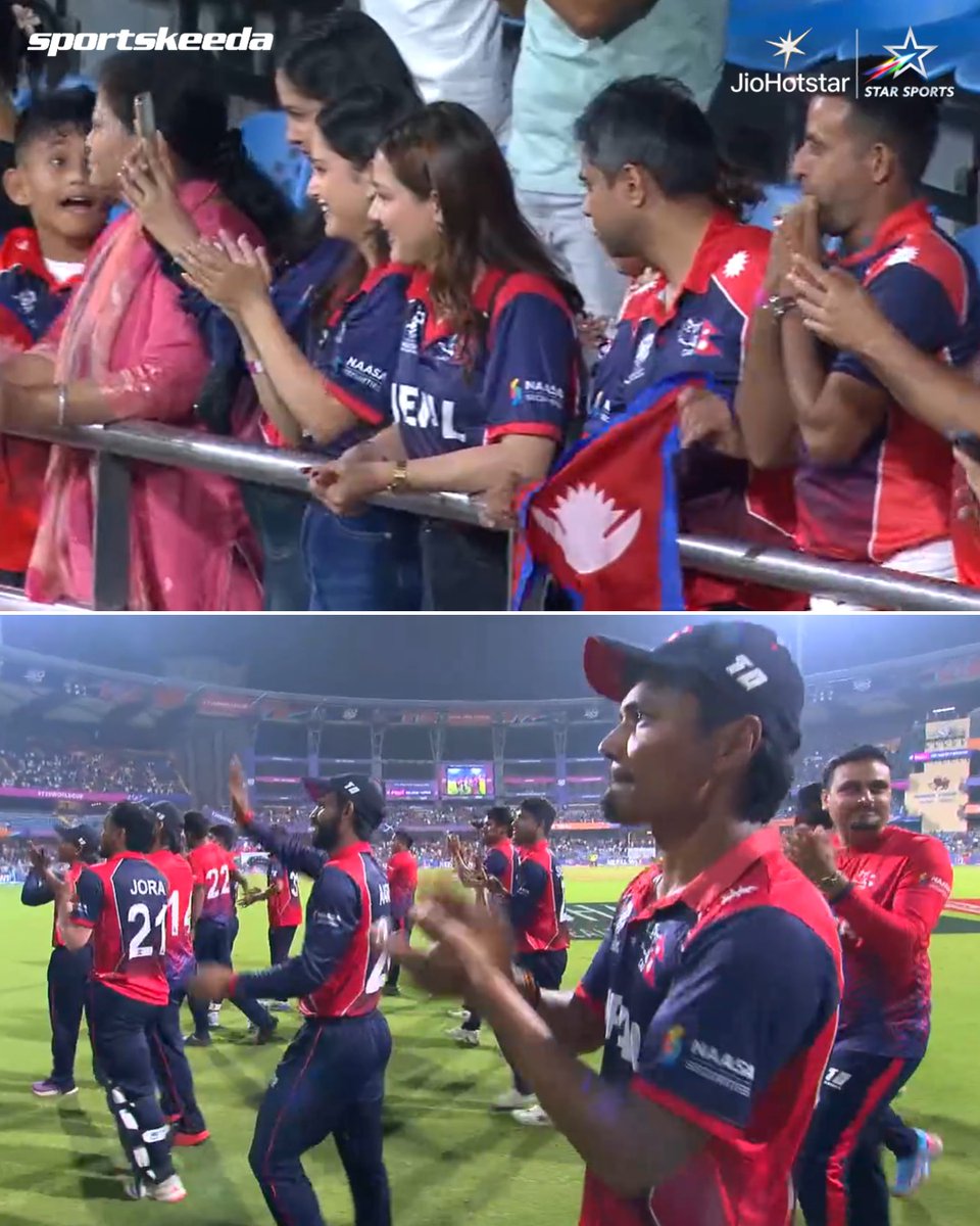 Sportskeeda's tweet photo. Goosebumps at Wankhede 🥹♥️

Nepal players × Nepal fans — tears, joy, and pride after a T20 World Cup win following 12 long years.

This is the true spirit of a 20-team World Cup. 🔥👏

#Cricket #T20WC #SCOvNEP https://t.co/gibUCaG2EJ